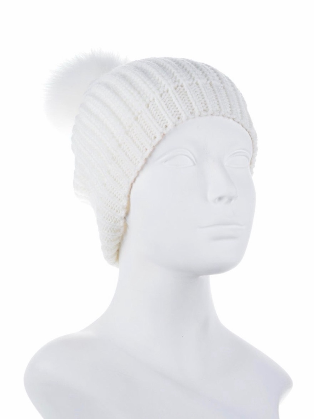 Adrienne Landau White Knit Beanie Hat with White Faux Fur Pom Pom